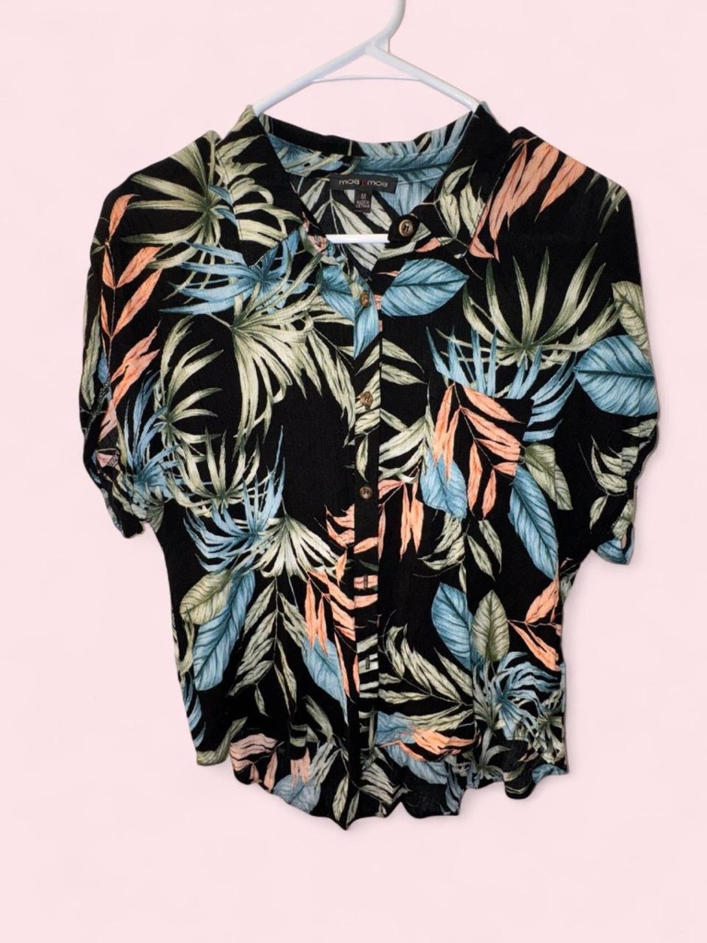 Moa Moa Black Tropical Leaf Button-Up Blouse with Blue, Green & Peach Leaves
